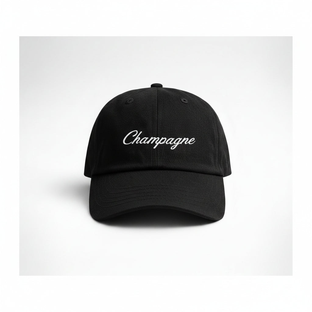 Black cap with 'Champagne' text on a white background